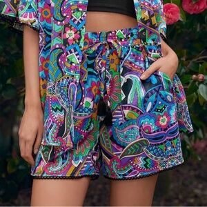 Johnny Was Psychedelic Paisley Multicolor Drawstring Shorts